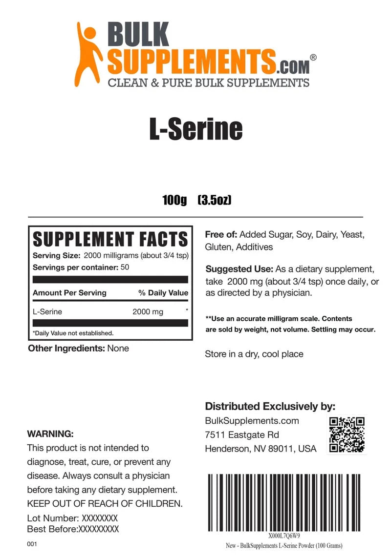 Bulksupplements L-Serine Powder - Amino Acid Supplement, L-Serine Supplement - Unflavored, 2G per Serving, 100G (3.5 Oz)