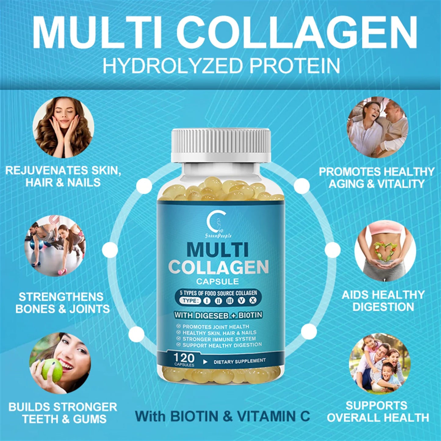 Multi-Collagen Capsules 5000Mg for Joints Hair Skin and Nails Healthy, 240 Capsules