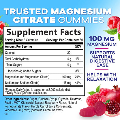 Magnesium Citrate Gummies Supplement - High Absorption, Vegan Magnesium Gummy Supplement for Adults & Kids, Magnesio Citrate Gummy Supplements for Muscle, Nerve, Bone and Heart Support - 120 Gummies
