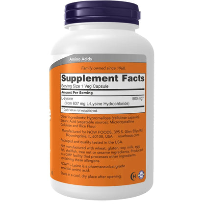 Supplements, L-Lysine (L-Lysine Monohydrochloride) 500 Mg, Amino Acid, 250 Veg Capsules