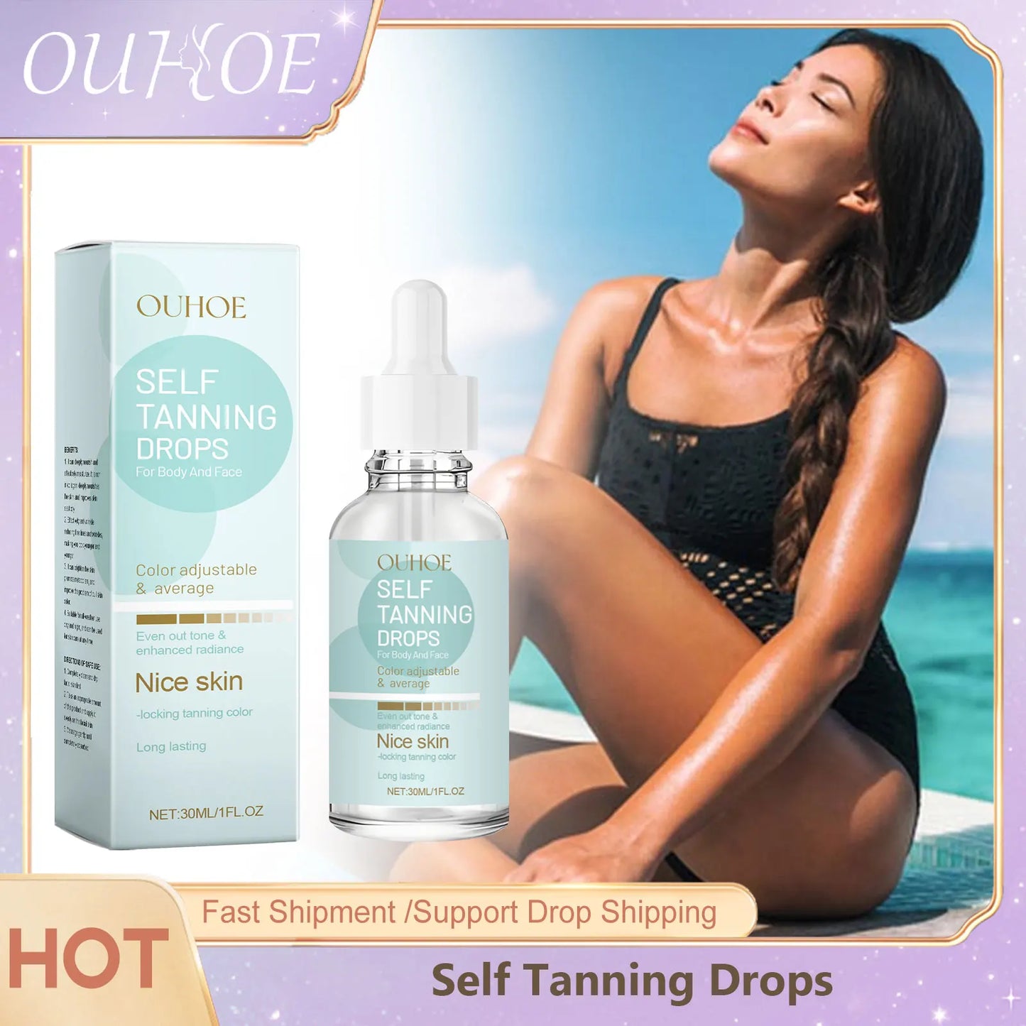 Self Tanning Drops Bronzing Fake Tan Serum Indoor Sunbeds Dark Tanning Accelerator Sunburn Skin Repair Sunless Tanner Drops 30Ml