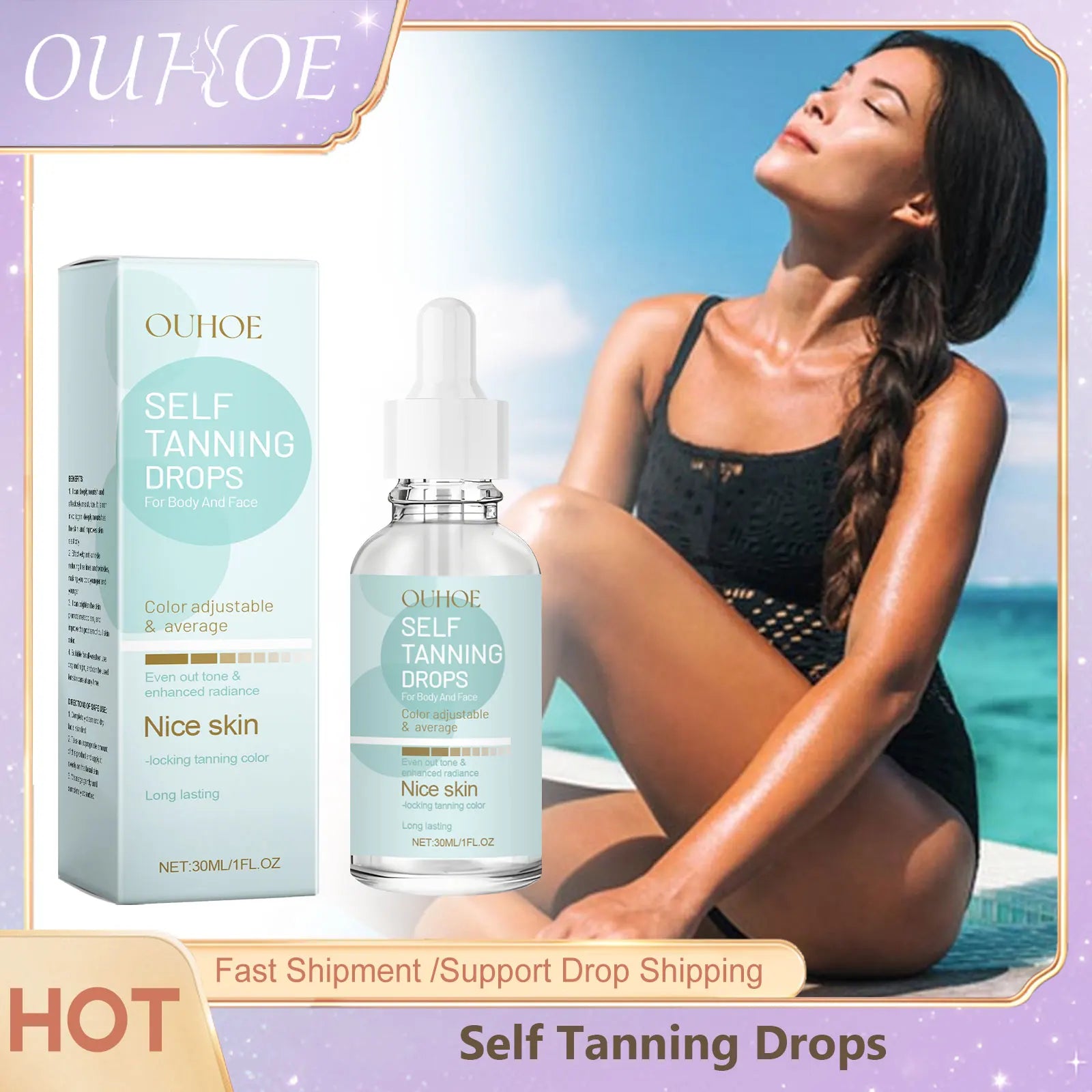 Self Tanning Drops Bronzing Fake Tan Serum Indoor Sunbeds Dark Tanning Accelerator Sunburn Skin Repair Sunless Tanner Drops 30Ml