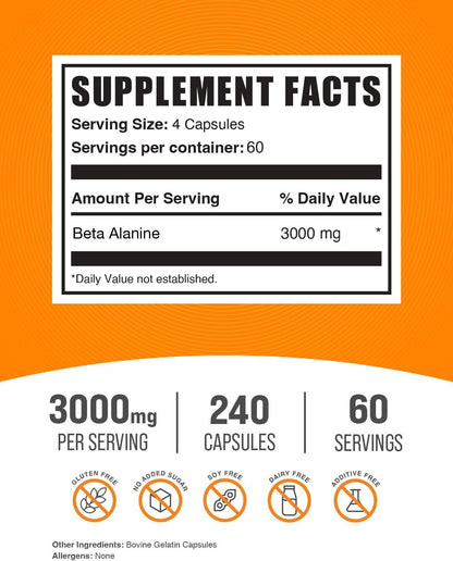 .Com Beta Alanine Capsules - Beta Alanine Supplement, Beta Alanine Pills, Beta Alanine 3000Mg - Gluten Free, 4 Capsules per Serving, 240 Capsules (Pack of 1)