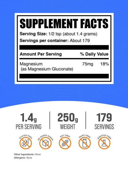 Bulksupplements Magnesium Gluconate Powder- 1.4G per Serving - 250 Grams (8.8 Oz) - 178 Servings