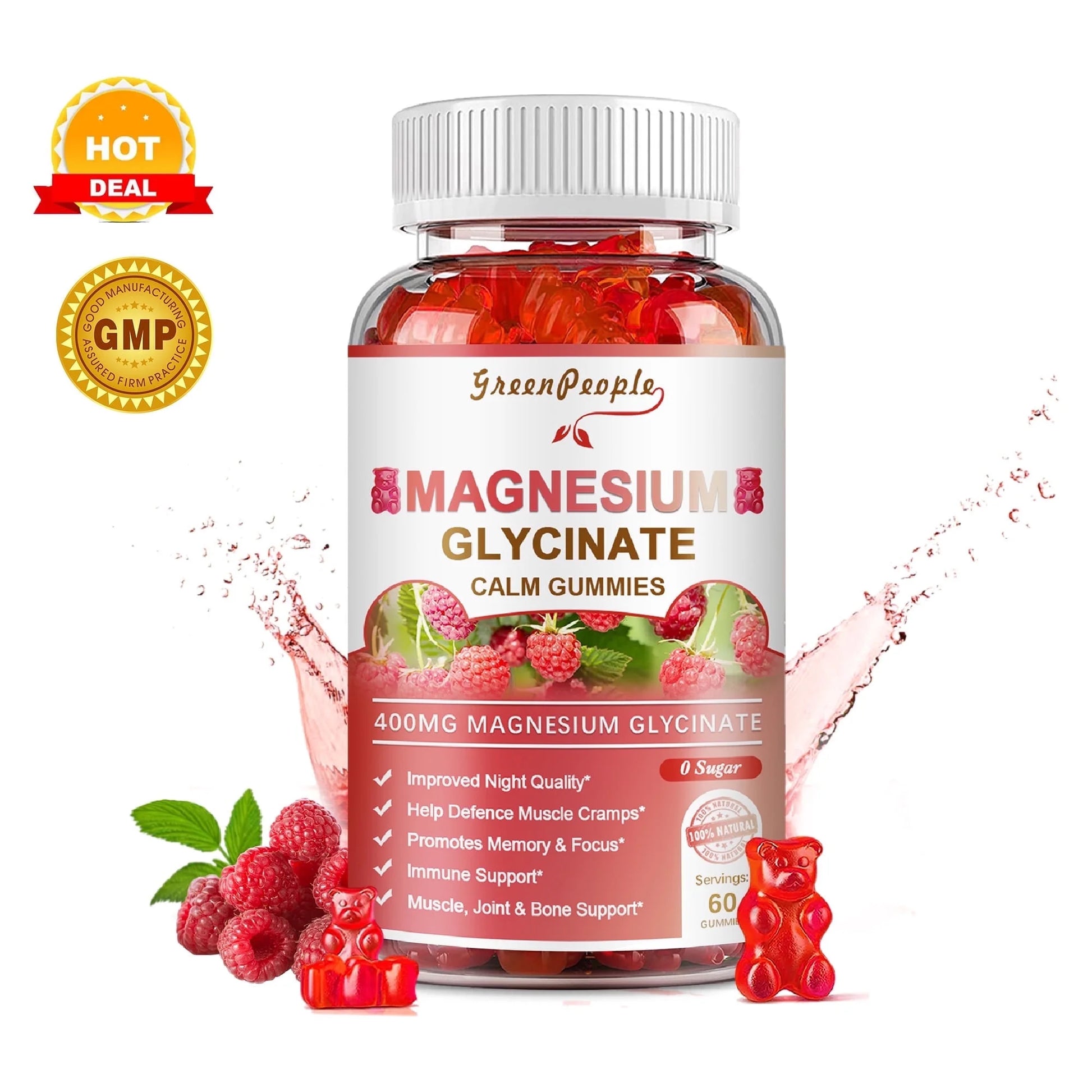 Magnesium Glycinate Gummies - Sugar Free Magnesium Potassium Supplement - for Calm Support & Sleep for Adults- 60 Raspberry Gummies