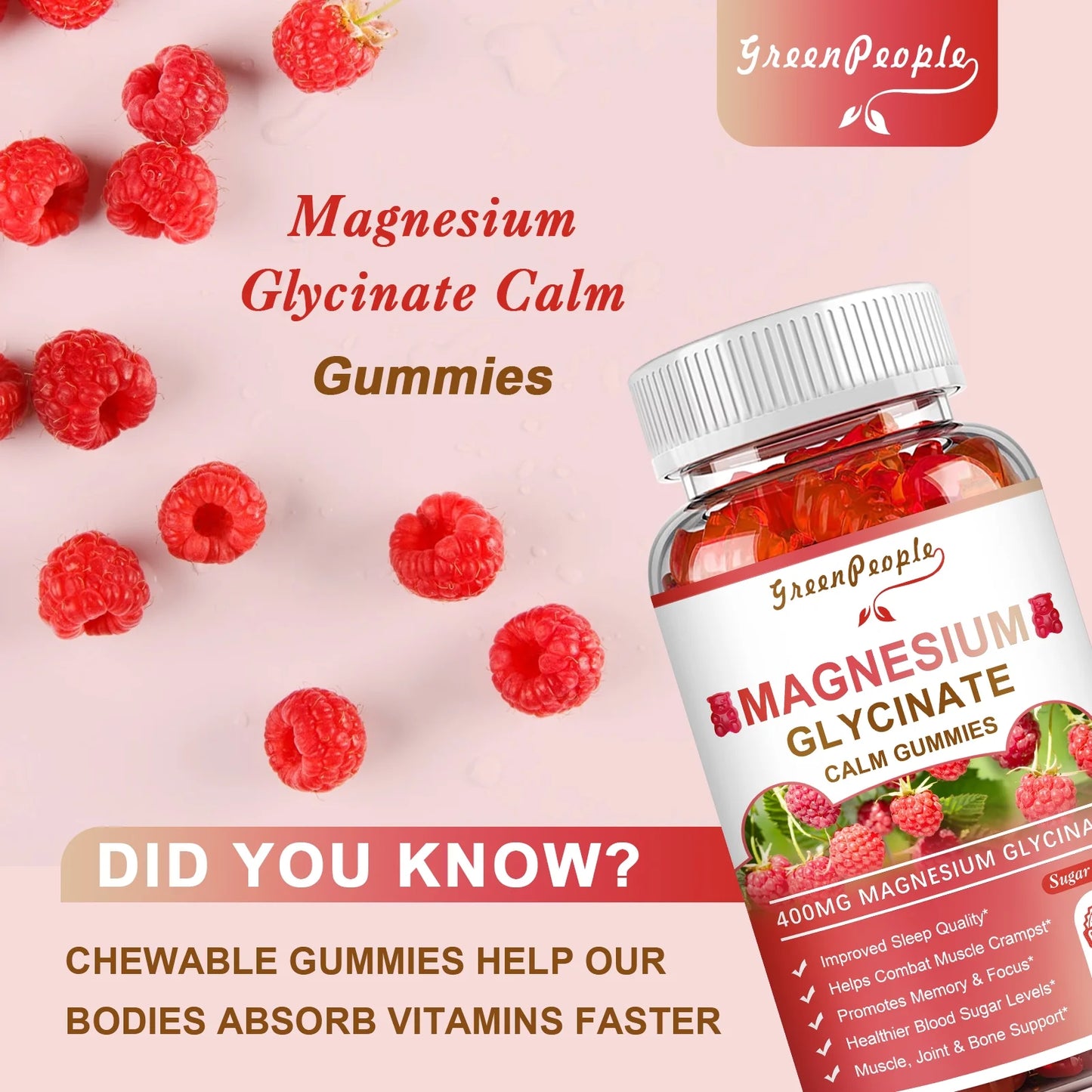 Magnesium Glycinate Gummies - Sugar Free Magnesium Potassium Supplement - for Calm Support & Sleep for Adults- 60 Raspberry Gummies