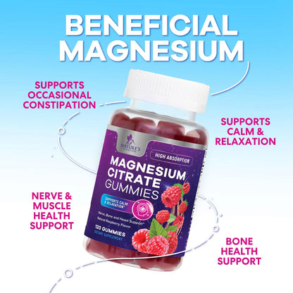 Magnesium Citrate Gummies Supplement - High Absorption, Vegan Magnesium Gummy Supplement for Adults & Kids, Magnesio Citrate Gummy Supplements for Muscle, Nerve, Bone and Heart Support - 120 Gummies