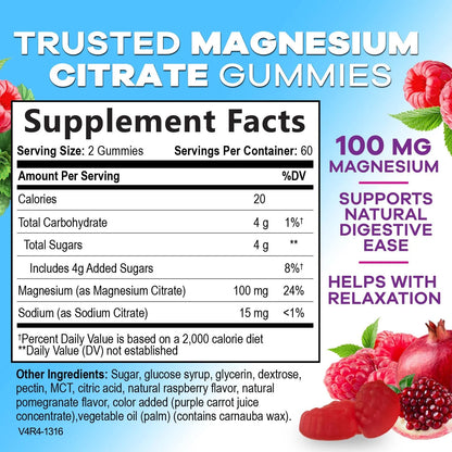 Magnesium Citrate Gummies Supplement - High Absorption, Vegan Magnesium Gummy Supplement for Adults & Kids, Magnesio Citrate Gummy Supplements for Muscle, Nerve, Bone and Heart Support - 120 Gummies