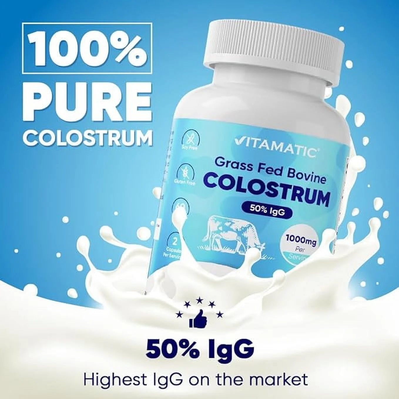 Bovine Colostrum Supplement 1000 Mg per Serving - 50% Highest Igg - Supplement for Gut Health, Hair Growth, Beauty, Muscle Recovery, & Immune Support - 120 Capsules