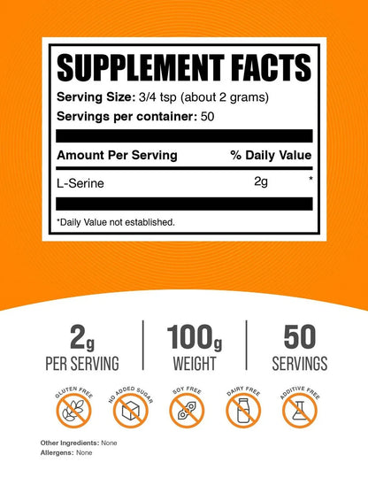 Bulksupplements L-Serine Powder - Amino Acid Supplement, L-Serine Supplement - Unflavored, 2G per Serving, 100G (3.5 Oz)