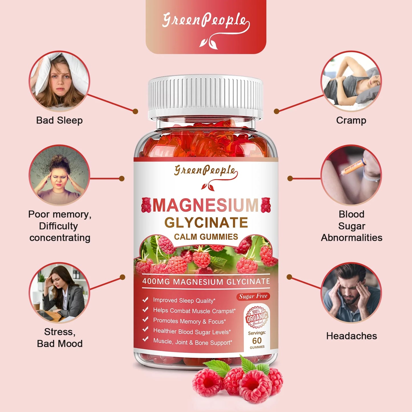 Magnesium Glycinate Gummies - Sugar Free Magnesium Potassium Supplement - for Calm Support & Sleep for Adults- 60 Raspberry Gummies