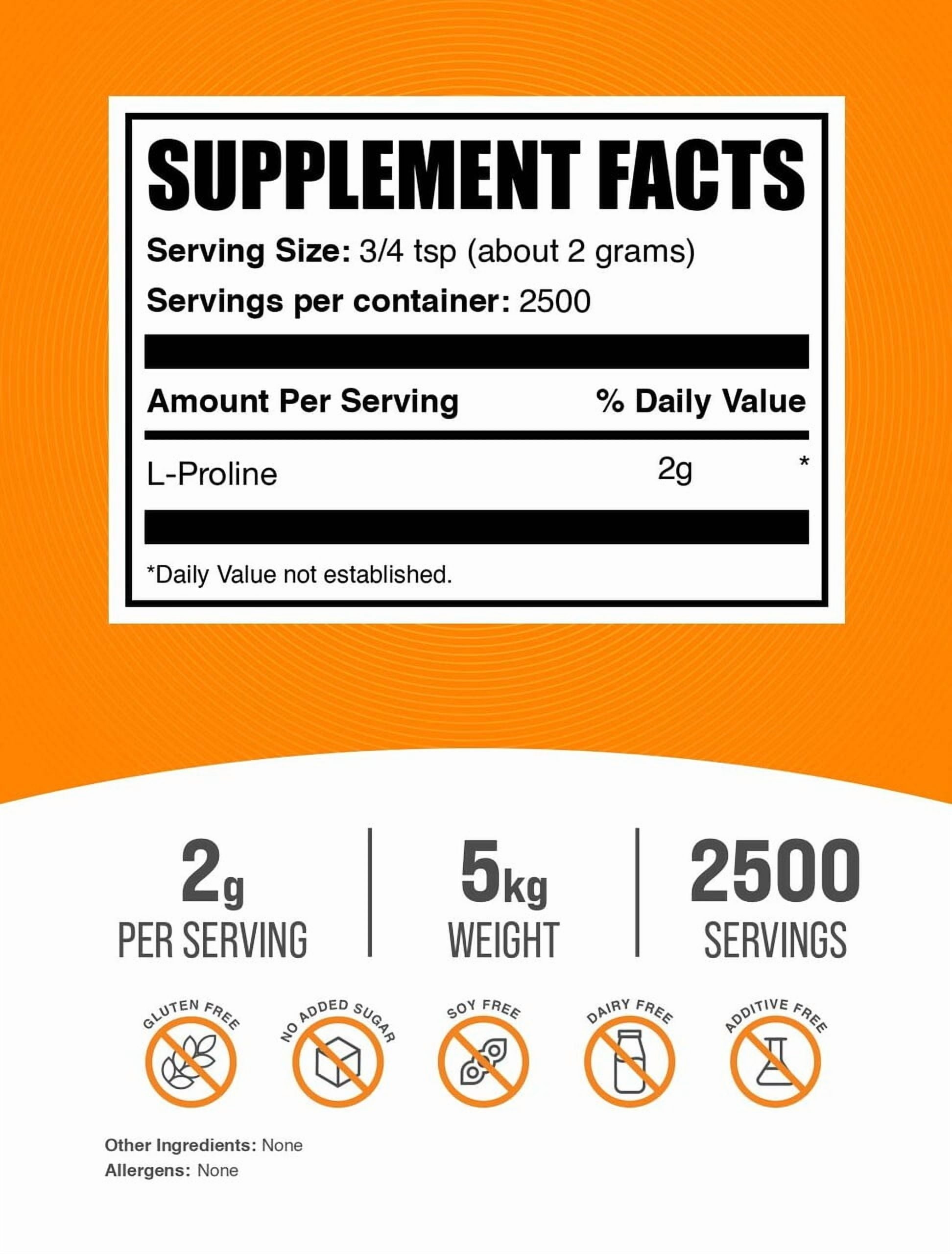 Bulksupplements L-Proline Powder - Amino Acid Supplement, Proline Supplement - Unflavored, 2G per Serving, 5Kg (11 Lbs)