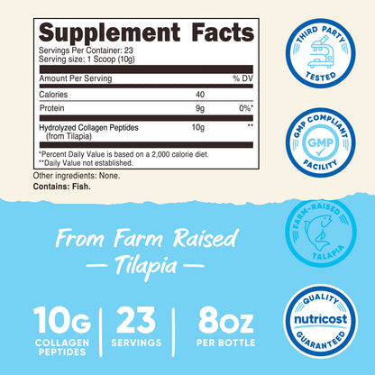 Marine Collagen Powder Farm Raised Fish (Unflavored) (8 Oz) - 23 Servings, 9 G Protein per Serving, Non-Gmo, GMP Compliant