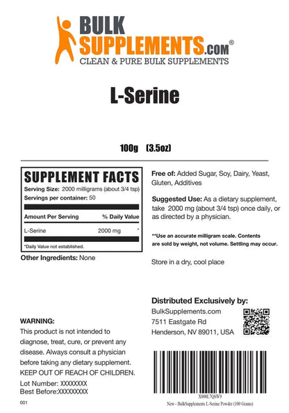 Bulksupplements L-Serine Powder - Amino Acid Supplement, L-Serine Supplement - Unflavored, 2G per Serving, 100G (3.5 Oz)