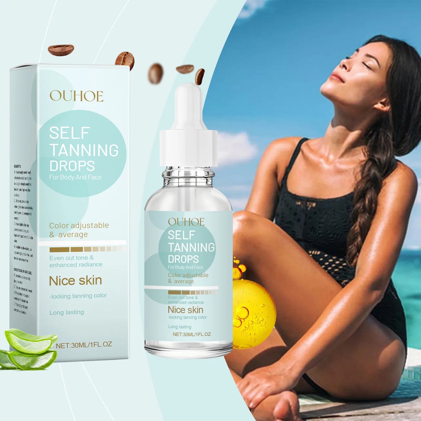 Self Tanning Drops Bronzing Fake Tan Serum Indoor Sunbeds Dark Tanning Accelerator Sunburn Skin Repair Sunless Tanner Drops 30Ml